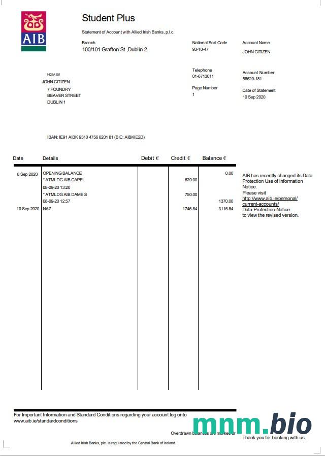 Ireland AIB wzór wyciągu bankowego, Word and PDF format, 6 stron